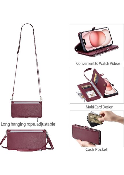 Crossbody Durumda IPhone 15 Pro Max Uzun Kordon 9 Kart Yuvaları Fermuar Yuvası (Yurt Dışından)