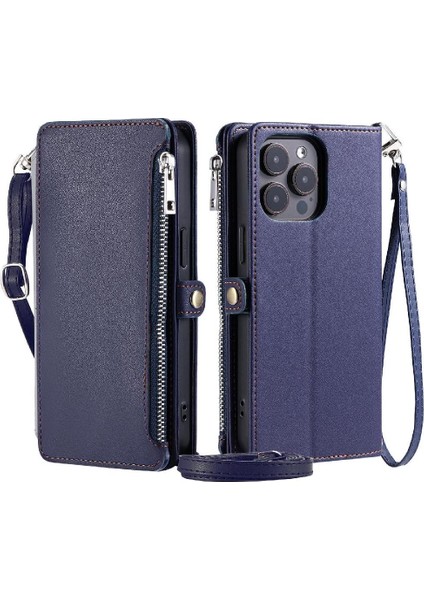 Crossbody Durumda IPhone 15 Pro Max Uzun Kordon 9 Kart Yuvaları Fermuar Yuvası (Yurt Dışından)