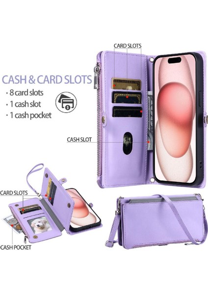 IPhone 14 Için Crossbody Durumda Artı Durumda Cüzdan 9 Kart Yuvaları Fermuar Faturaları (Yurt Dışından)