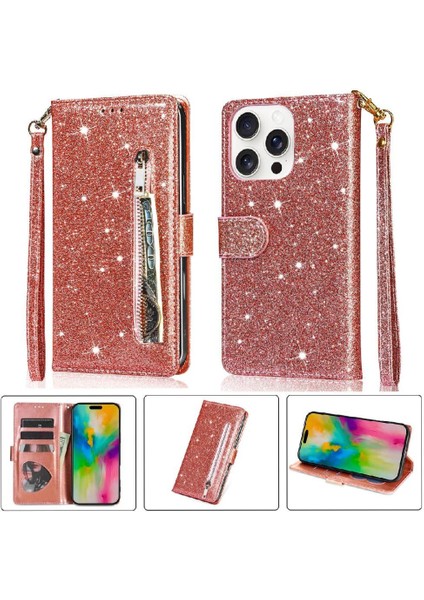 IPhone 16 Için Fermuar Cep Durumda Pro Max Pu Deri Glitter Cüzdan Kılıf (Yurt Dışından)