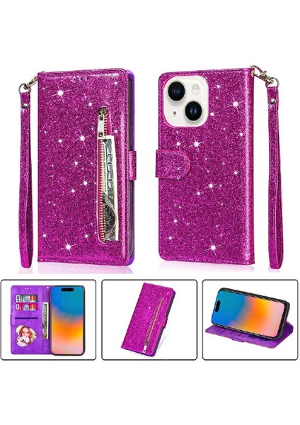 IPhone 15 Için Fermuar Cep Durumda Artı Glitter Cüzdan Kılıf Manyetik Pu (Yurt Dışından)