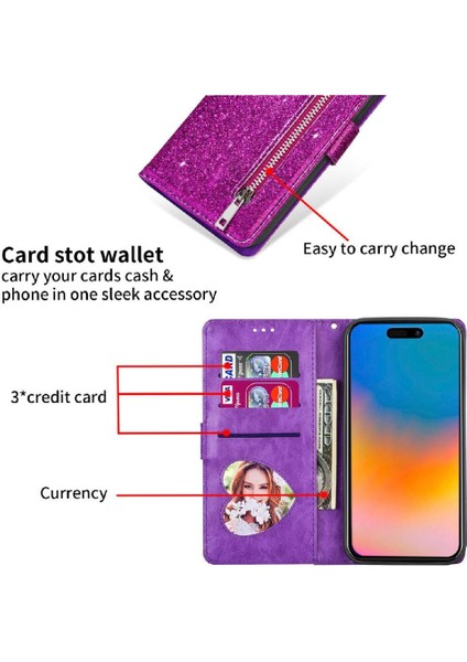 IPhone 15 Için Fermuar Cep Durumda Artı Glitter Cüzdan Kılıf Manyetik Pu (Yurt Dışından)