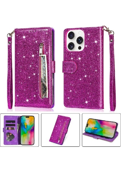 IPhone 16 Için Fermuar Cep Durumda Pro Max Pu Deri Glitter Cüzdan Kılıf (Yurt Dışından)