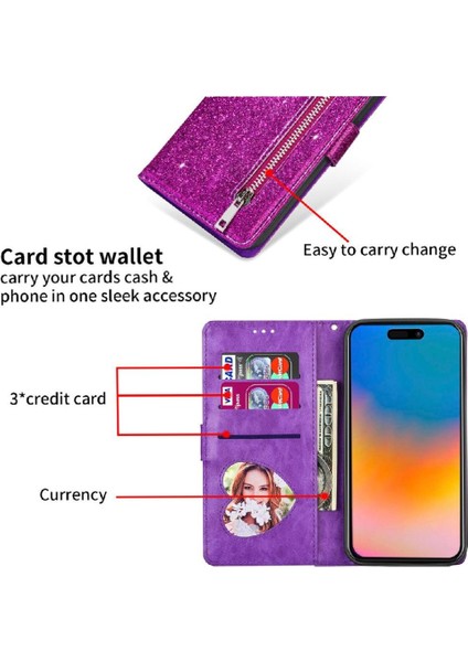 IPhone 15 Pro Pu Deri Manyetik Kapatma Glitter Için Fermuarlı Cebi Durumda (Yurt Dışından) modelleri