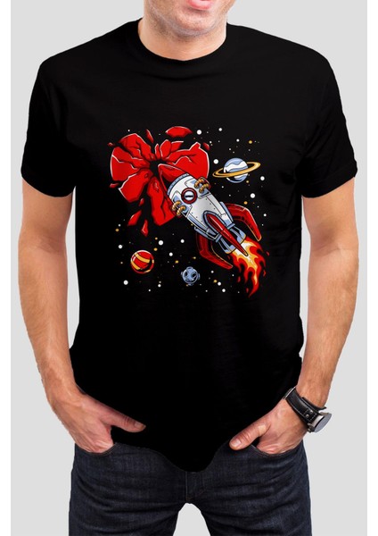 Uzay Roketi Baskılı Siyah Tişört C865