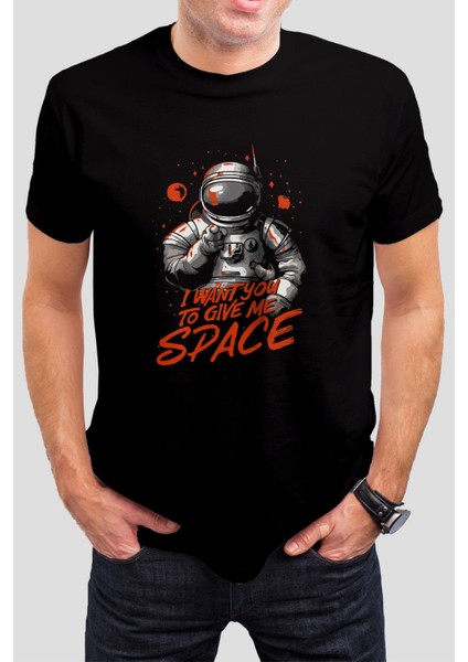 Space Baskılı Siyah Tişört C826