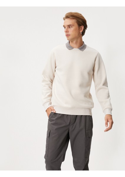 Basic Sweatshirt Polo Yaka Etiket Baskı Detaylı Ribanalı Şardonlu