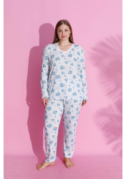 Mevsimlik Uzun Kollu V Yaka Büyük Beden Pijama Takım