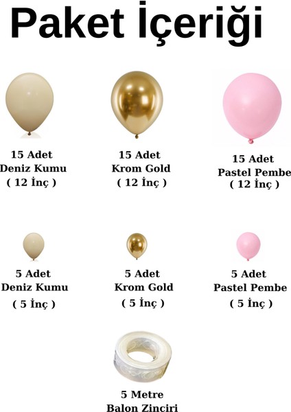 ^^ Doğum Günü Konsepti * Pastel Pembe * Krom Gold * Deniz Kumu * 60 Lı Balon Zinciri Parti Seti