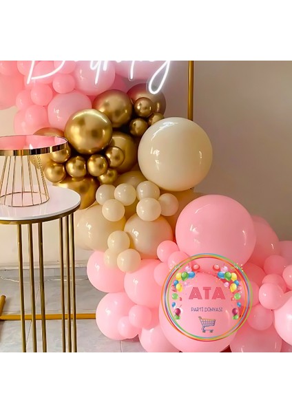 ^^ Doğum Günü Konsepti * Pastel Pembe * Krom Gold * Deniz Kumu * 60 Lı Balon Zinciri Parti Seti