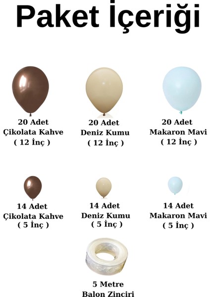 Balon Seti Çikolata Kahve-Deniz Kumu-Makaron Mavi 100 Lü Balon Zinciri Seti