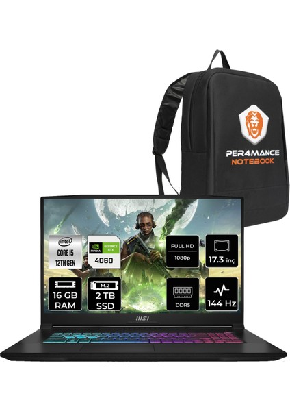 Msı Katana 17 Intel Core I5 12450H 16GB 2tb SSD RTX4060/8GB 17.3" Fhd 144Hz Fdos Taşınabilir Bilgisayar B12VFK-1031XTR & Per4 Çanta B12VFK1031XTRP309