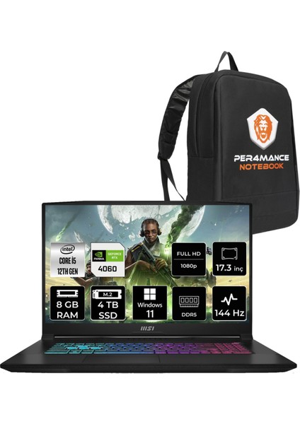 Msı Katana 17 Intel Core I5 12450H 8gb 4tb SSD RTX4060/8GB 17.3" Fhd 144Hz W11H Taşınabilir Bilgisayar B12VFK-1031XTR & Per4 Çanta B12VFK1031XTRP345