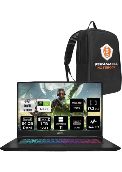 Msı Katana 17 Intel Core I5 12450H 64GB 1tb SSD RTX4060/8GB 17.3" Fhd 144Hz W11P Taşınabilir Bilgisayar B12VFK-1031XTR & Per4 Çanta B12VFK1031XTRP413