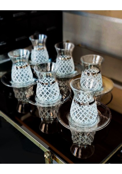 Seçkinev Paşabahçe Cam Özel Tasarım 12 Parça El Kesmesi Ahu Set Gümüş