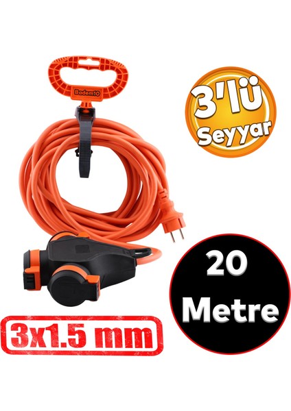 Monofaze Çoğaltıcı Seyyar Topraklı 3'lü Grup Priz Fiş 20 Metre Çoklu Asmalı Uzatma Kablosu 3x1.5 mm