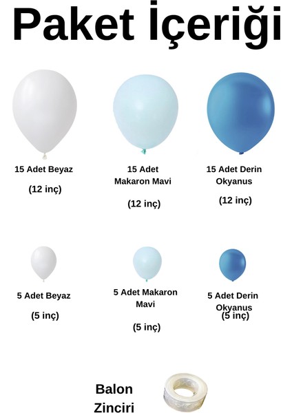 Ata Parti Dünyası ^^ Doğum Günü Konsepti * Beyaz * Makaron Mavi * Derin Okyanus * 60 Lı Balon Zinciri Parti Seti