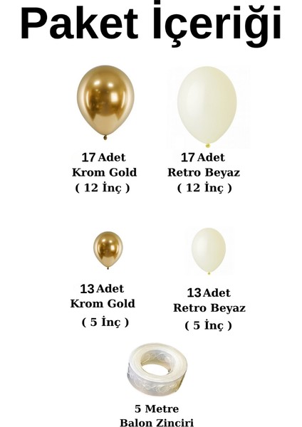 Ata Parti Dünyası ^^ Doğum Günü Konsepti * Retro Beyaz * Krom Gold * 60 Lı Balon Zinciri Parti Seti