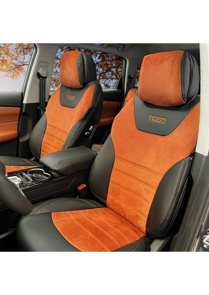 Chery Tiggo 8 Pro Araca Özel Oto Koltuk Kılıfı - Tay Tüyü ve Deri - 2 Adet Logo Nakışlı
