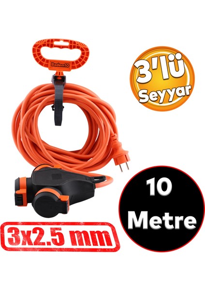 Monofaze Çoğaltıcı Seyyar Topraklı 3'lü Grup Priz Fiş 10 Metre Çoklu Asmalı Uzatma Kablosu 3x2.5 mm