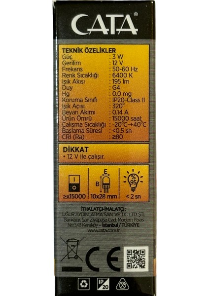 CT-4255 3W 12V 6400K (Beyaz Işık) G4 Duylu LED Kapsül Ampul (10 Adet)