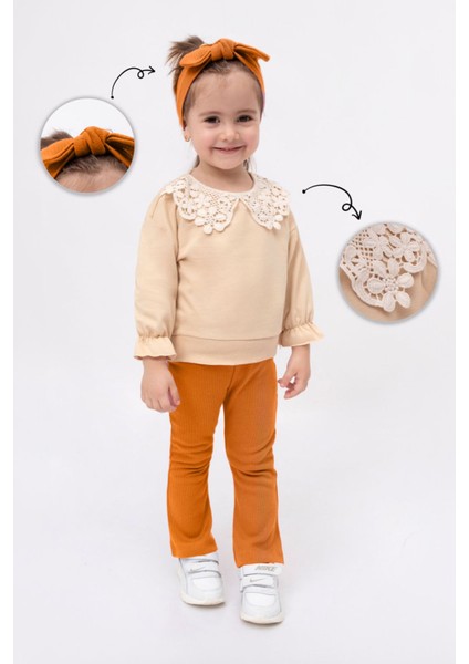 Güpür Yaka Detaylı Kız Bebe Taytlı takım - Tarçın