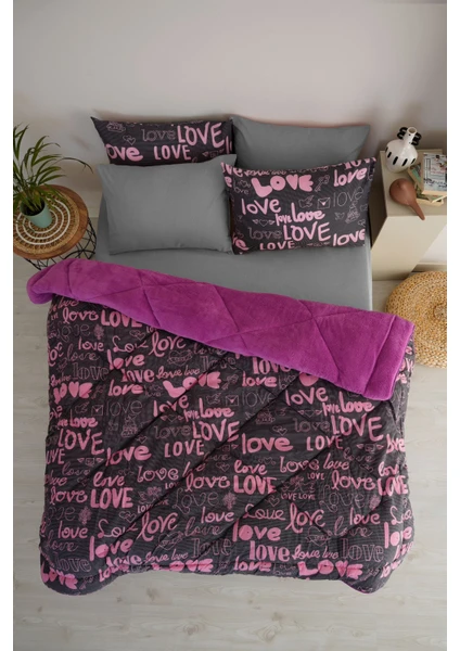 Marla Home Premium Welsoft Pamuklu Love Desen  Çift Taraflı Pofuduk Çift Kişilik Uyku Seti