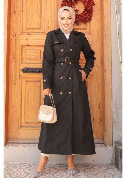 Kemerli Siyah Tesettür Trençkot 61500S