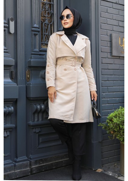 Kemerli Bej Tesettür Trençkot 61171BEJ