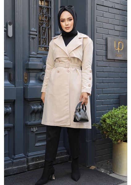 Kemerli Bej Tesettür Trençkot 61171BEJ fiyatları