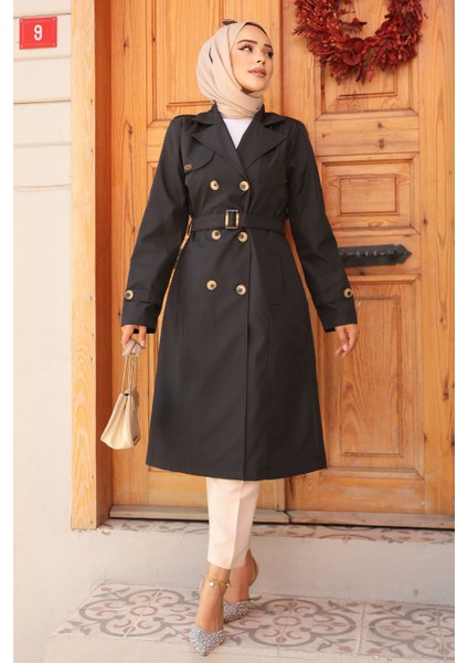 Kemerli Siyah Tesettür Trençkot 60500S
