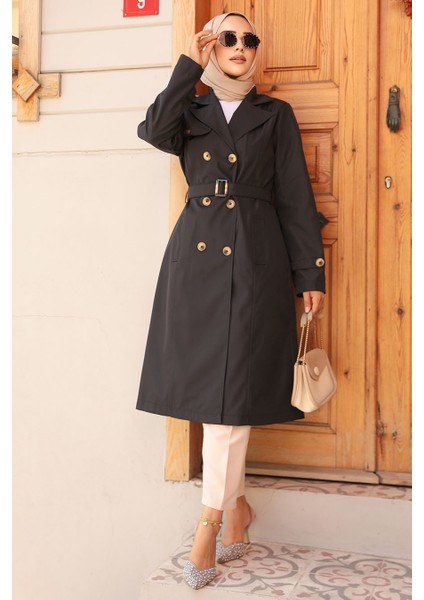 Kemerli Siyah Tesettür Trençkot 60500S fiyatları