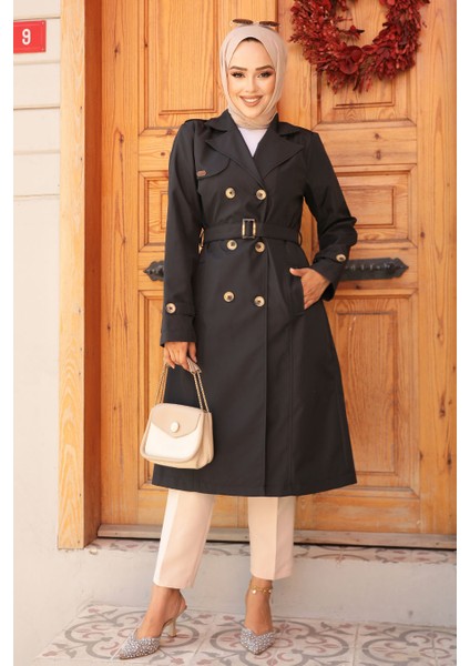 Kemerli Siyah Tesettür Trençkot 60500S modelleri