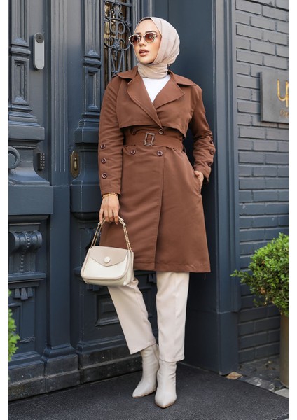 Kemerli Kahverengi Tesettür Trençkot 61171KH