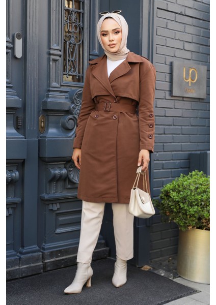 Kemerli Kahverengi Tesettür Trençkot 61171KH fiyatları