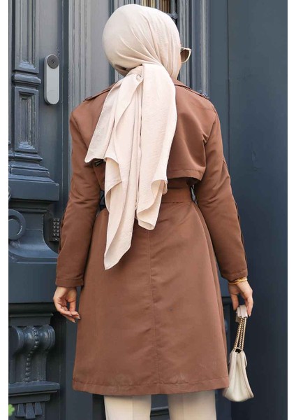 Kemerli Kahverengi Tesettür Trençkot 61171KH modelleri