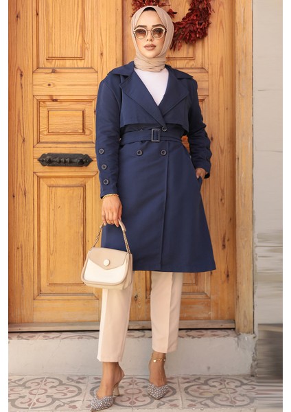 Kemerli Lacivert Tesettür Trençkot 61171L