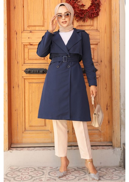 Kemerli Lacivert Tesettür Trençkot 61171L fiyatları