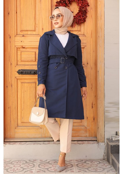 Kemerli Lacivert Tesettür Trençkot 61171L modelleri