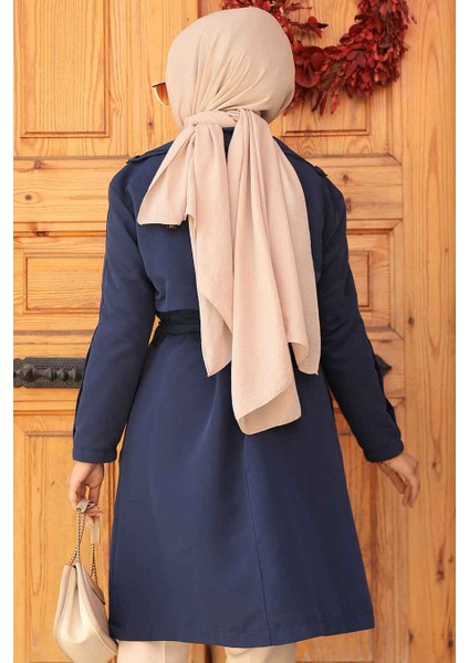 Kemerli Lacivert Tesettür Trençkot 61171L fırsatları