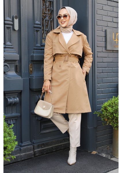Kemerli Camel Tesettür Trençkot 61171C