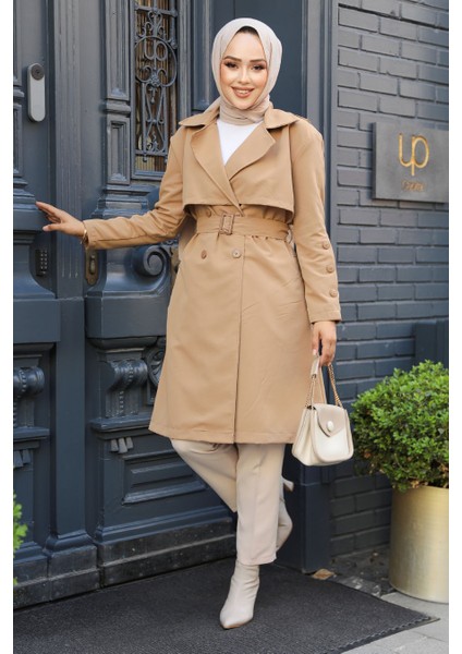 Kemerli Camel Tesettür Trençkot 61171C fiyatları