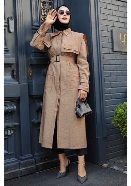 Gemici Yaka Detay Camel Tesettür Trençkot 19023C