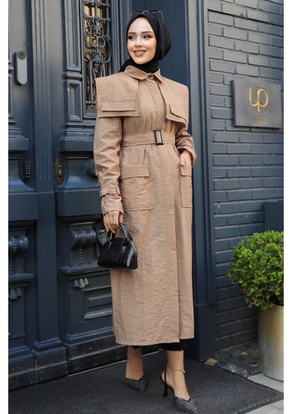 Gemici Yaka Detay Camel Tesettür Trençkot 19023C fiyatları