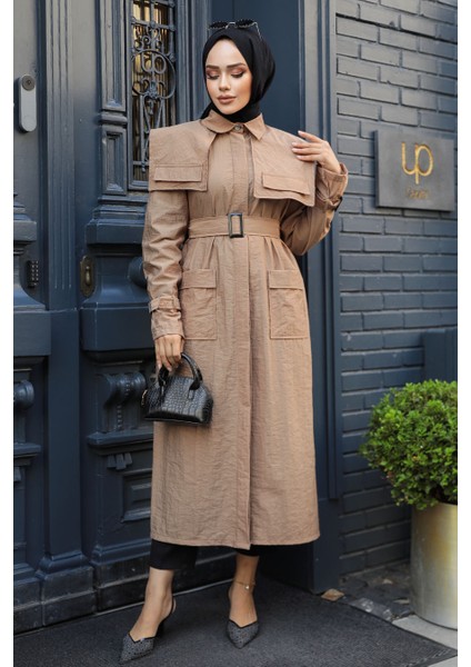 Gemici Yaka Detay Camel Tesettür Trençkot 19023C modelleri