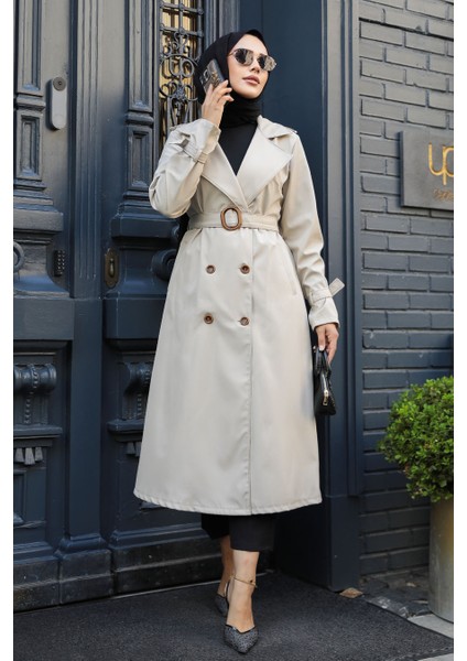 Tokalı Kemerli Bej Tesettür Trençkot 5942BEJ