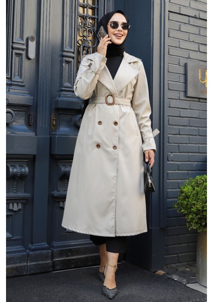 Tokalı Kemerli Bej Tesettür Trençkot 5942BEJ fiyatları