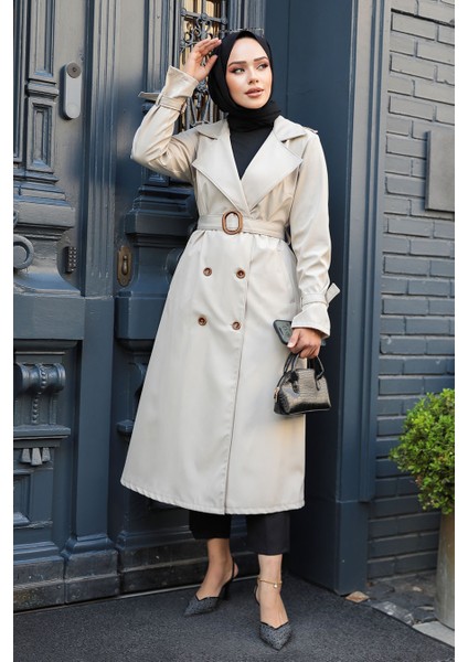 Tokalı Kemerli Bej Tesettür Trençkot 5942BEJ modelleri