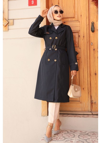 Kemerli Lacivert Tesettür Trençkot 60500L