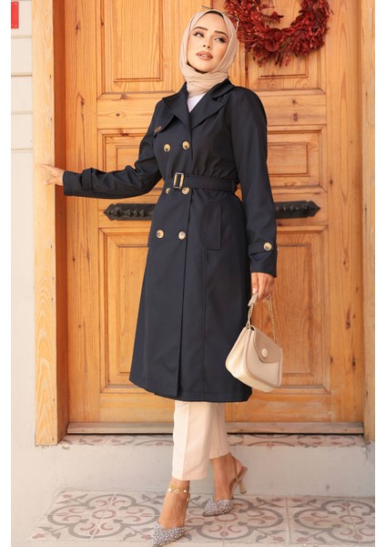 Kemerli Lacivert Tesettür Trençkot 60500L modelleri